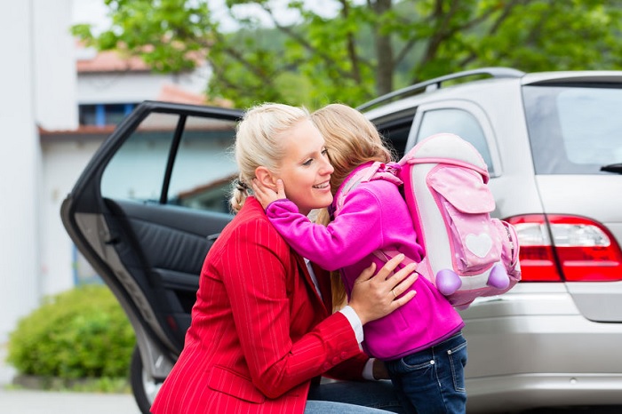 working mom, reenter workforce, mom dropping child at school, reenter workforce after kids are in school