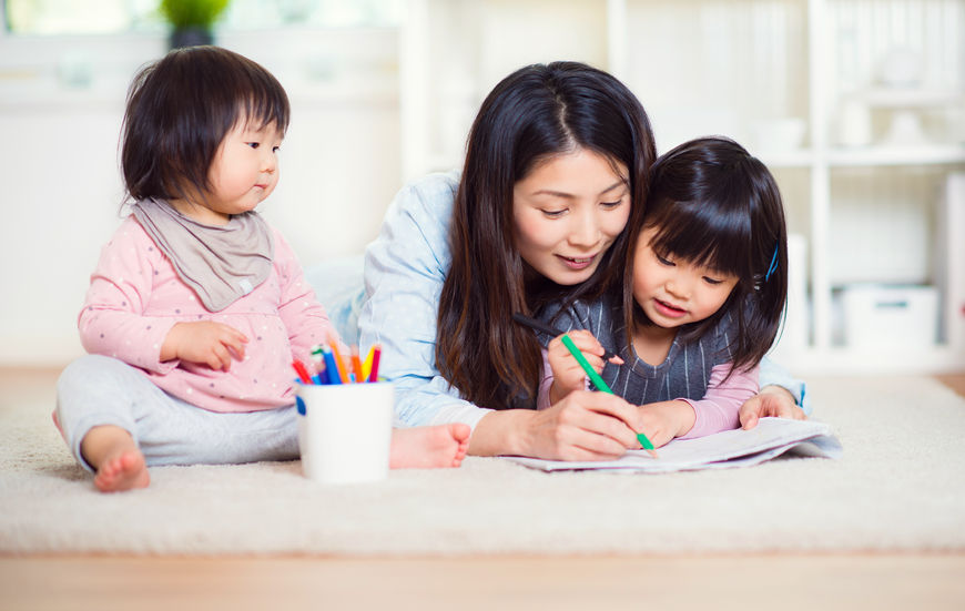 mother, children, drawing, pink, pencils, colors, colorful