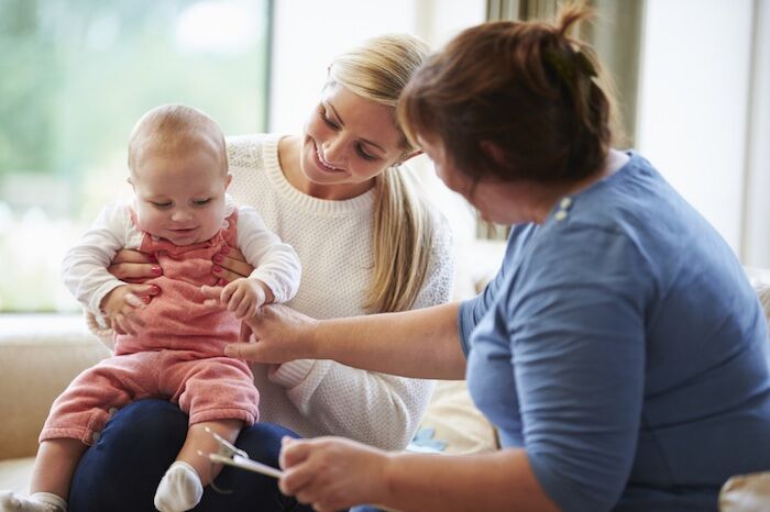 nanny, groundrules, mom, baby, adults, women, daughter, blonde, brunette, blue, pink, nurse, smiling, laughing