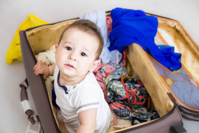 baby, suitcase, packing, blue, yellow, gray, white, brunette, luggage, bathing suit, vacation