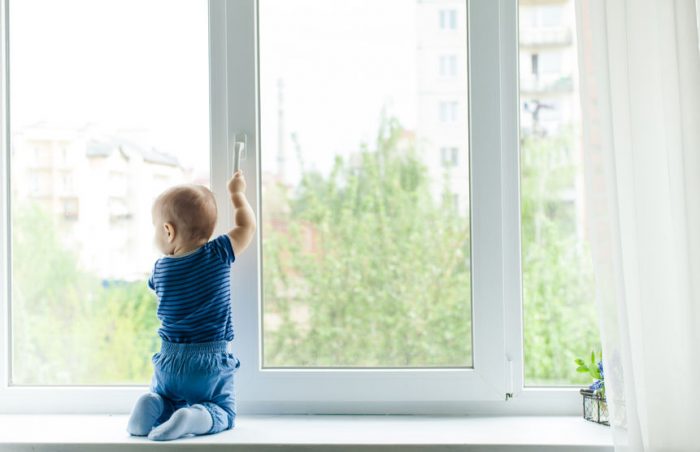 baby, boy, window, blue, green, glass, handle, white, greenery